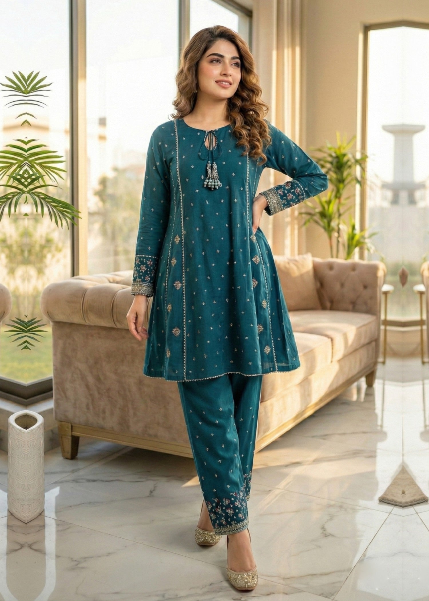 raw silk Short Frock in Teal