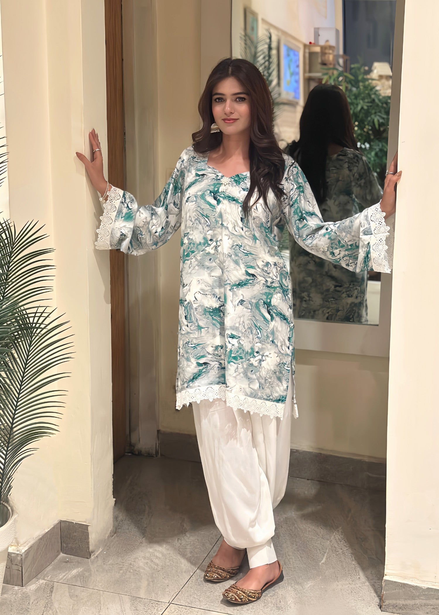 arabic lawn Kurta Set in Bottle green, white, sea green