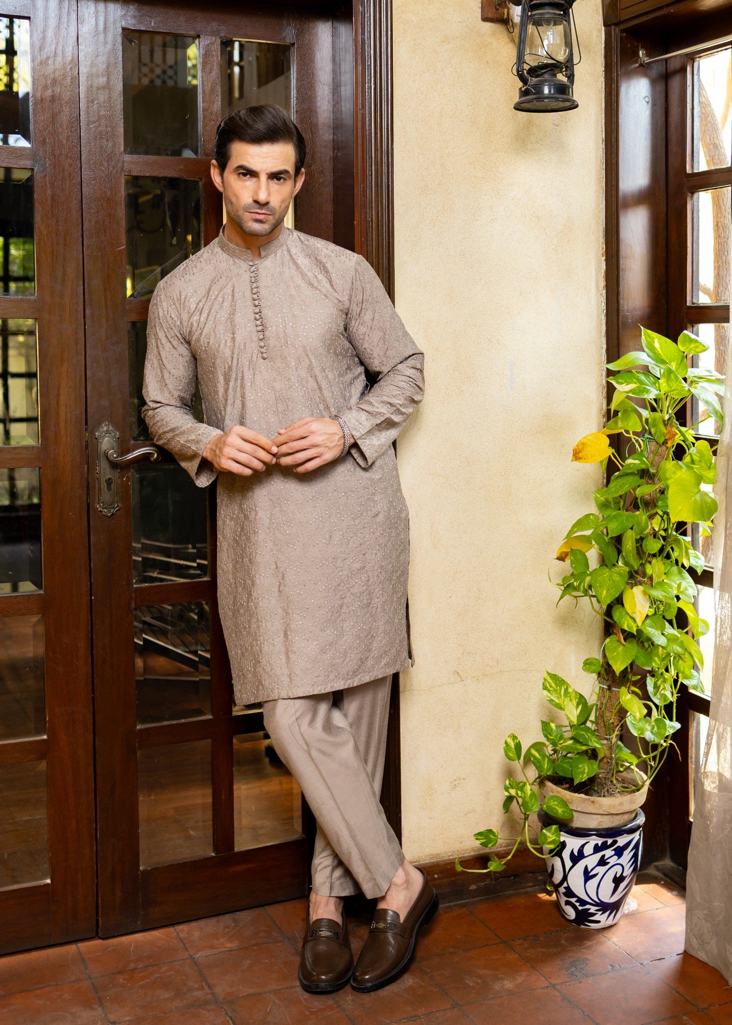cotton silk Kurta Set in Timberwolf