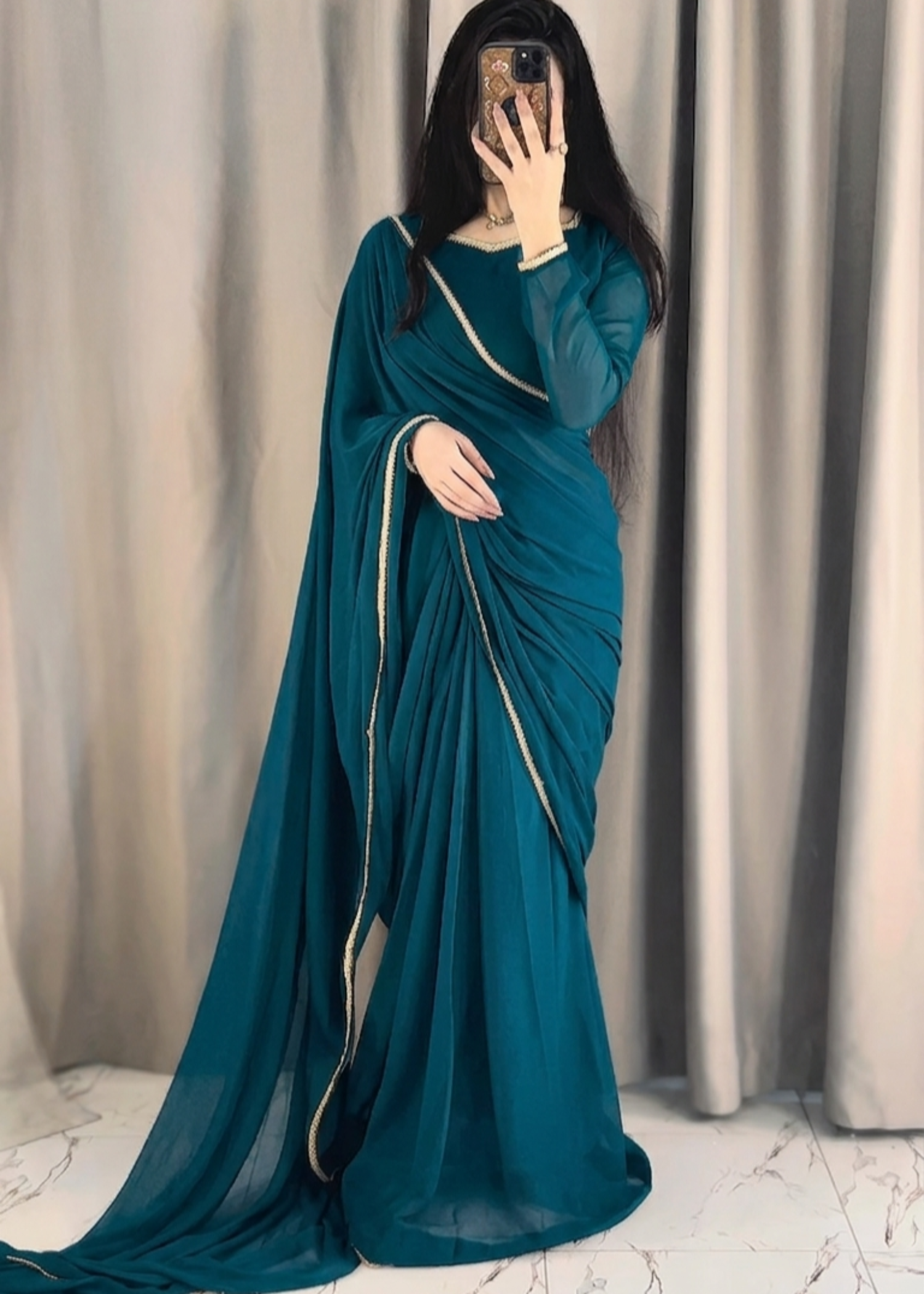 chiffon Saree in Teal