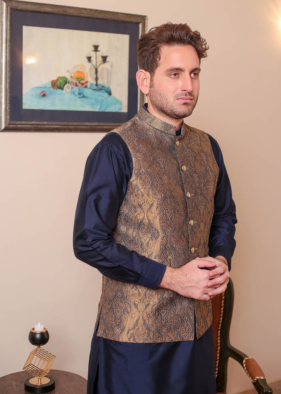 banarsi silk Waistcoat in Brown