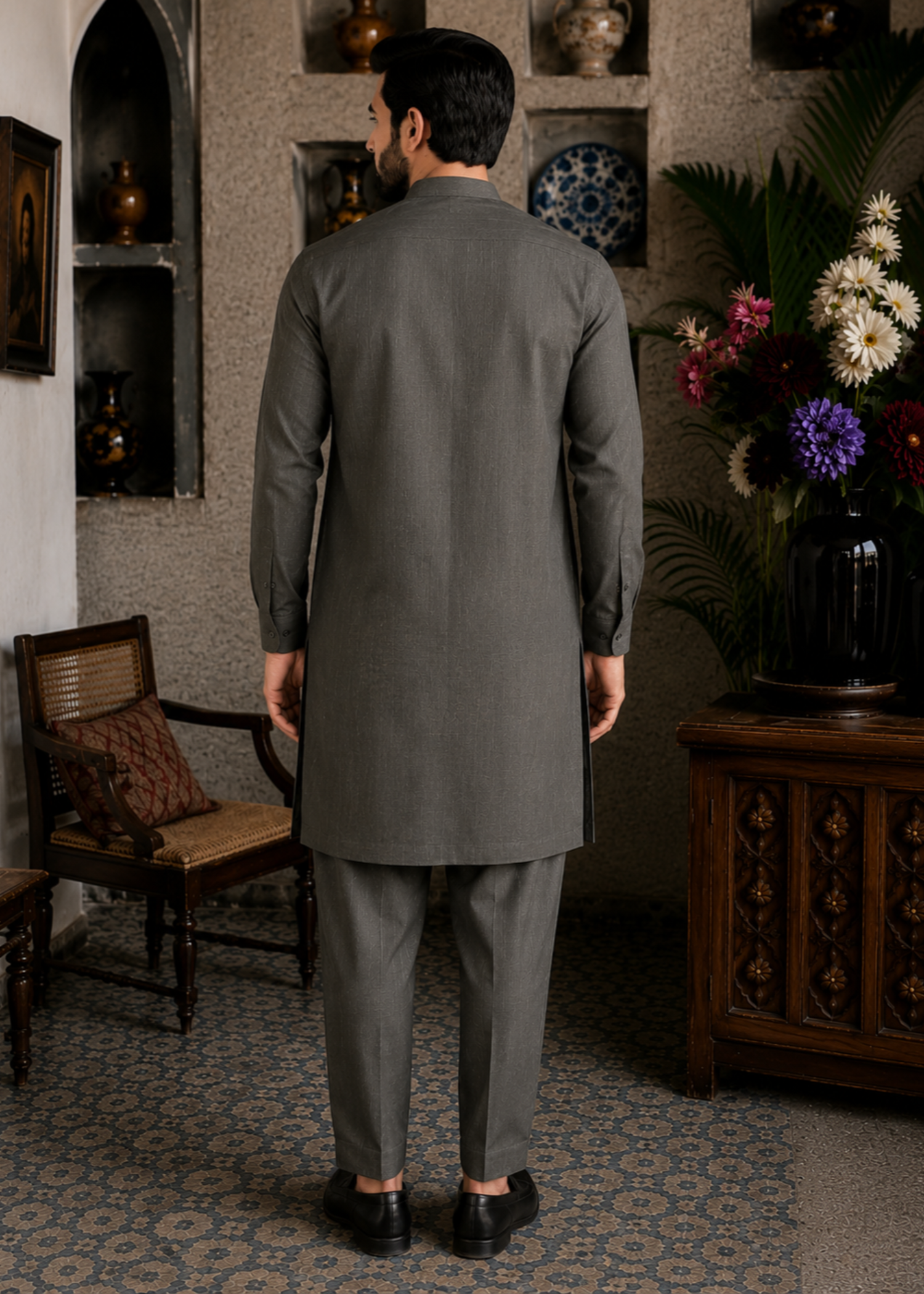 textured wash & wear Kurta Set in Charcoal