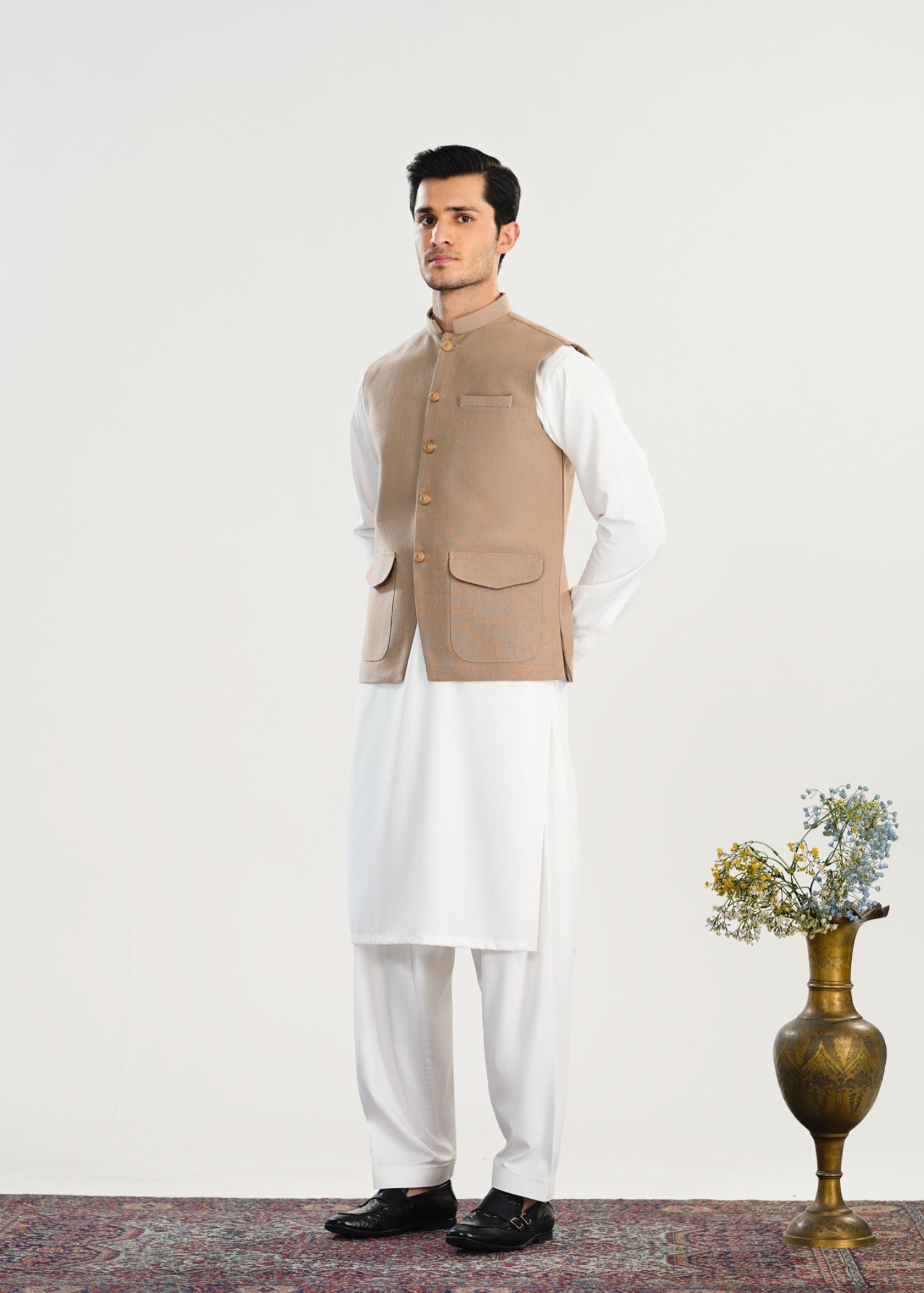 handwoven khaddar Waistcoat in Off-white, beige by Muraqsh