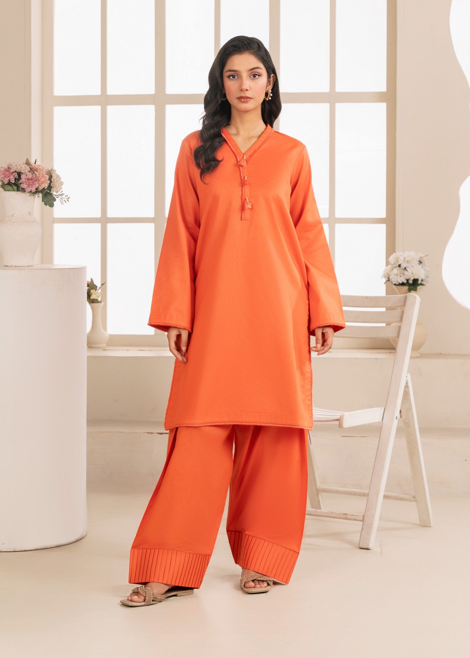 poly lawn Kurta Set in Sunset orange