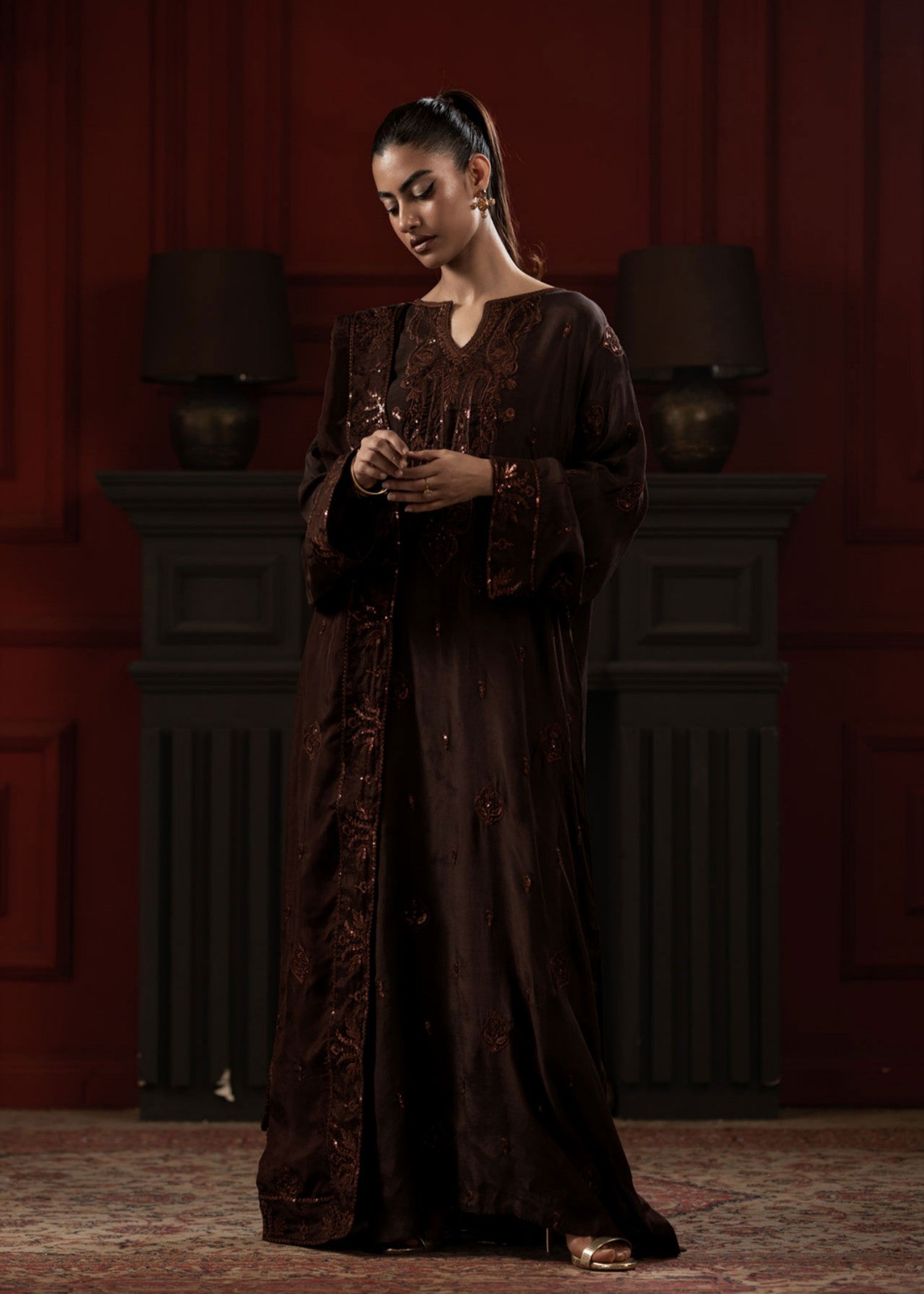 raw silk Kaftan in Brunette brown