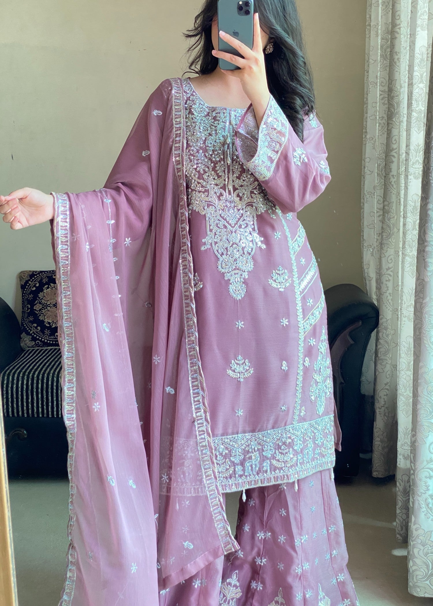 chiffon Gharara in Mauve pink