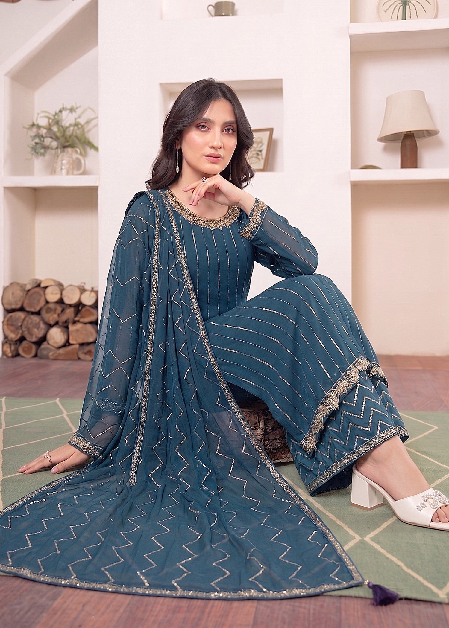 chiffon Kurta Set in Steel blue