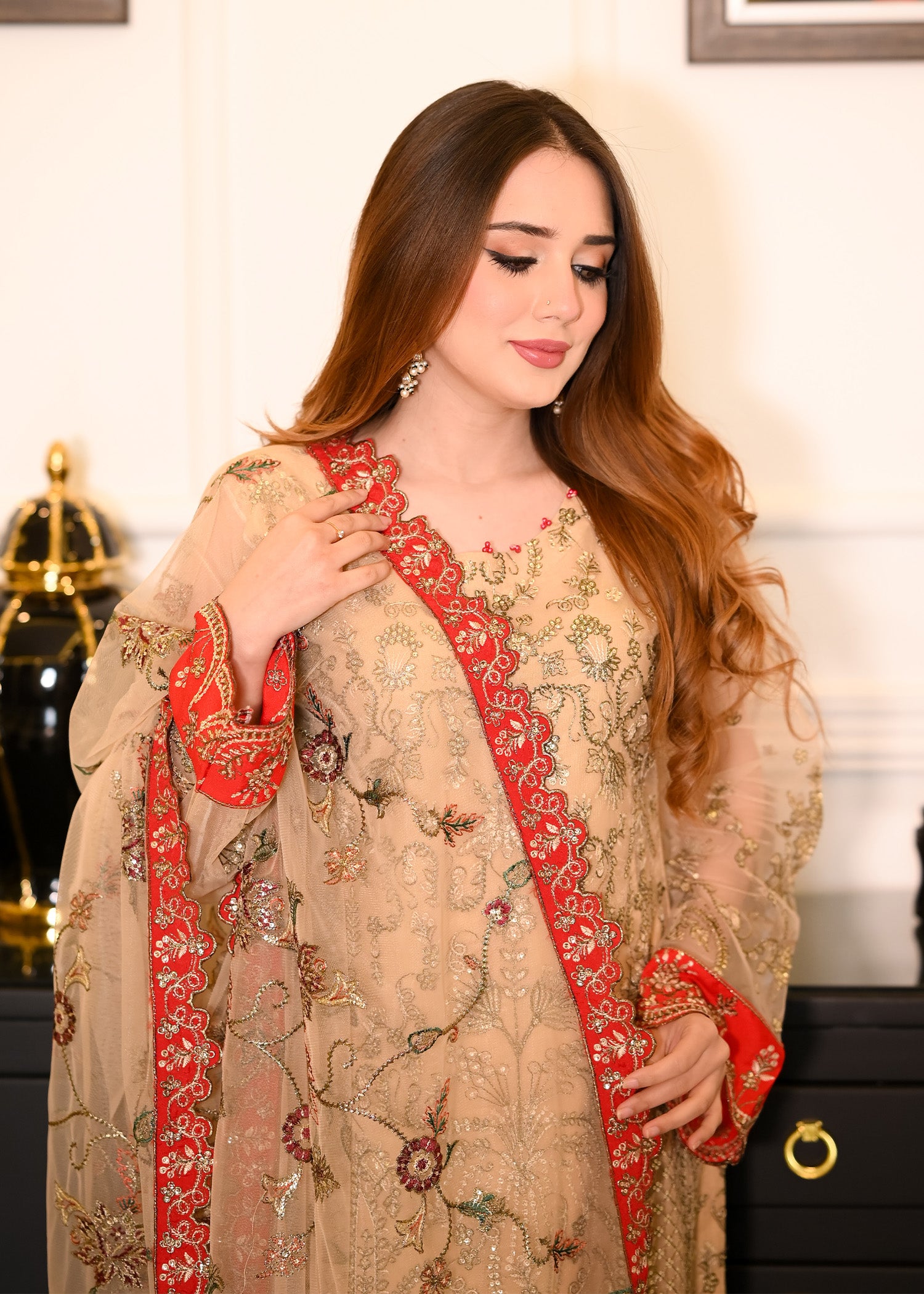 net Kurta Set in Beige