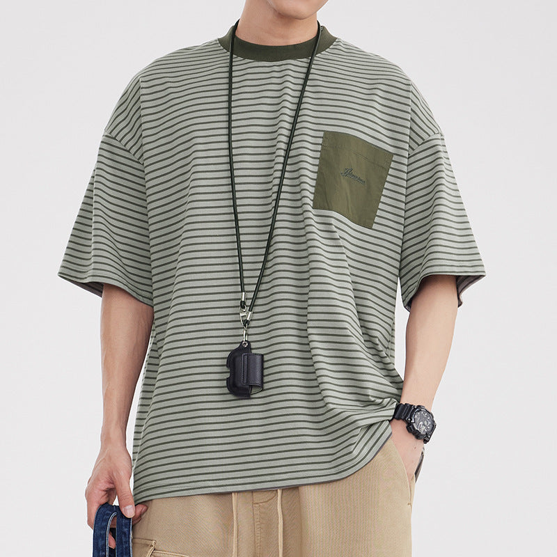 Vintage Stripe Patchwork Pocket Men's Loose Trendy Casual All-matching Half Sleeve