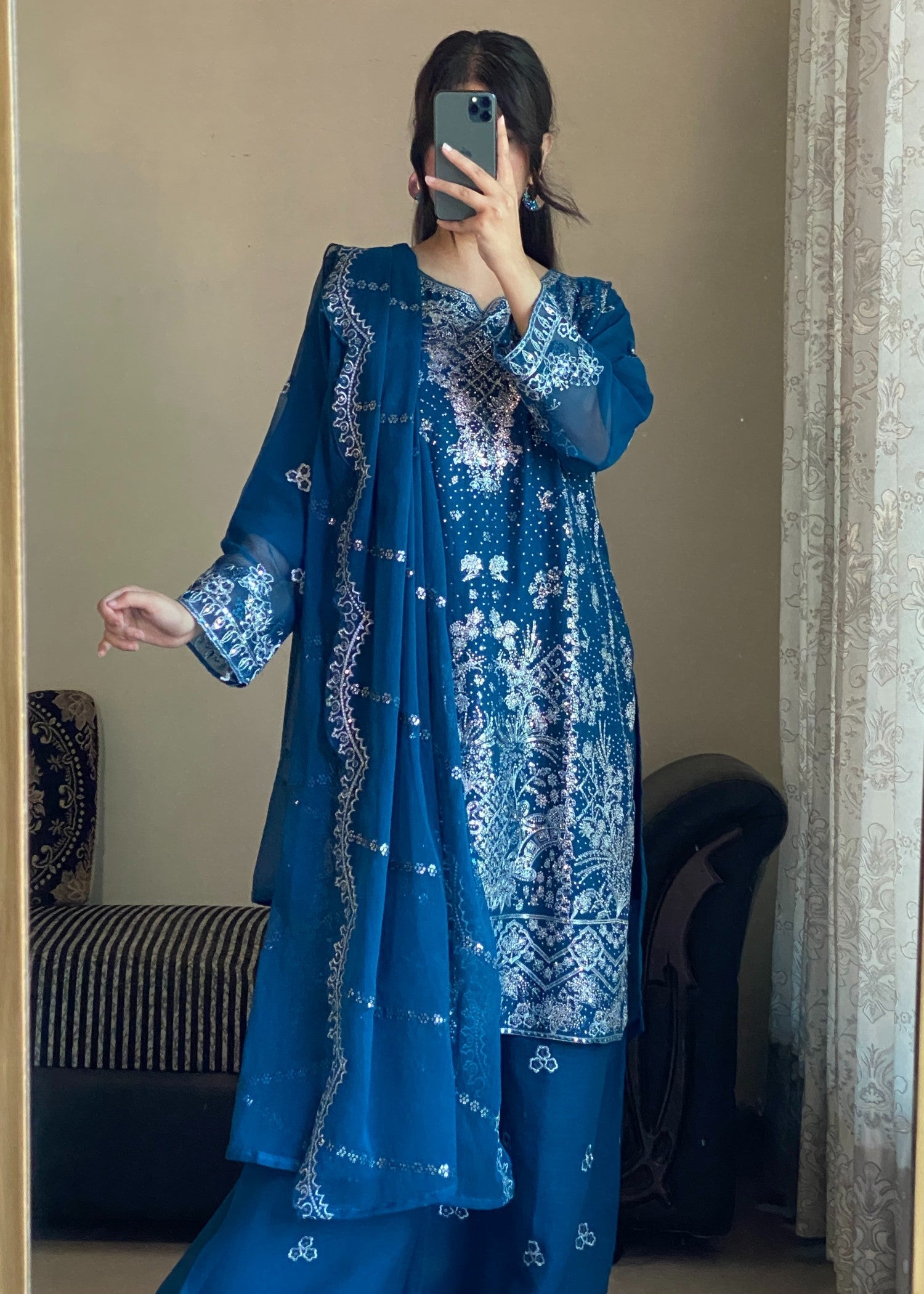 chiffon Kurta Set in Teal, blue