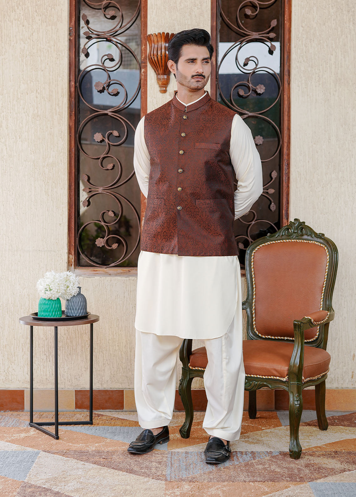 banarasi jamawar Waistcoat in Chestnut brown