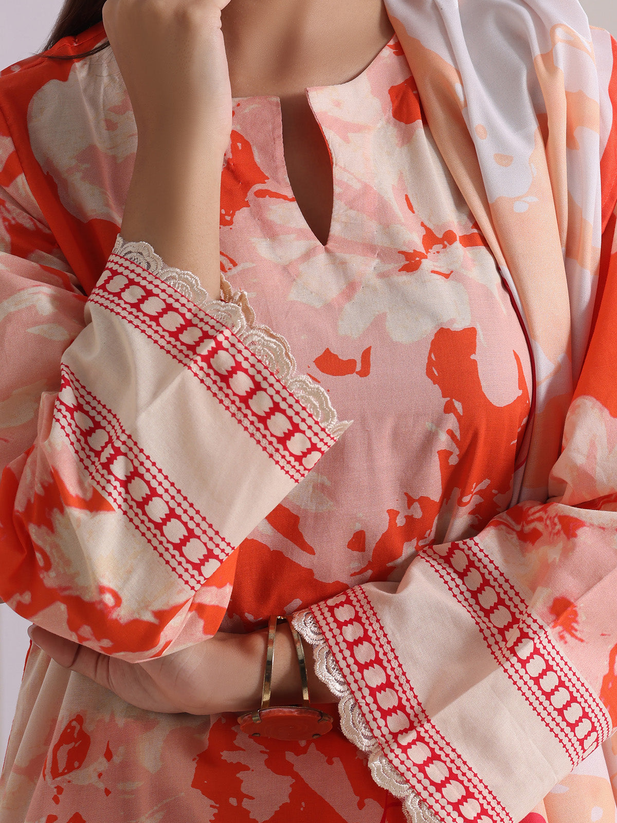 zari lawn Unstitched in Coral orange