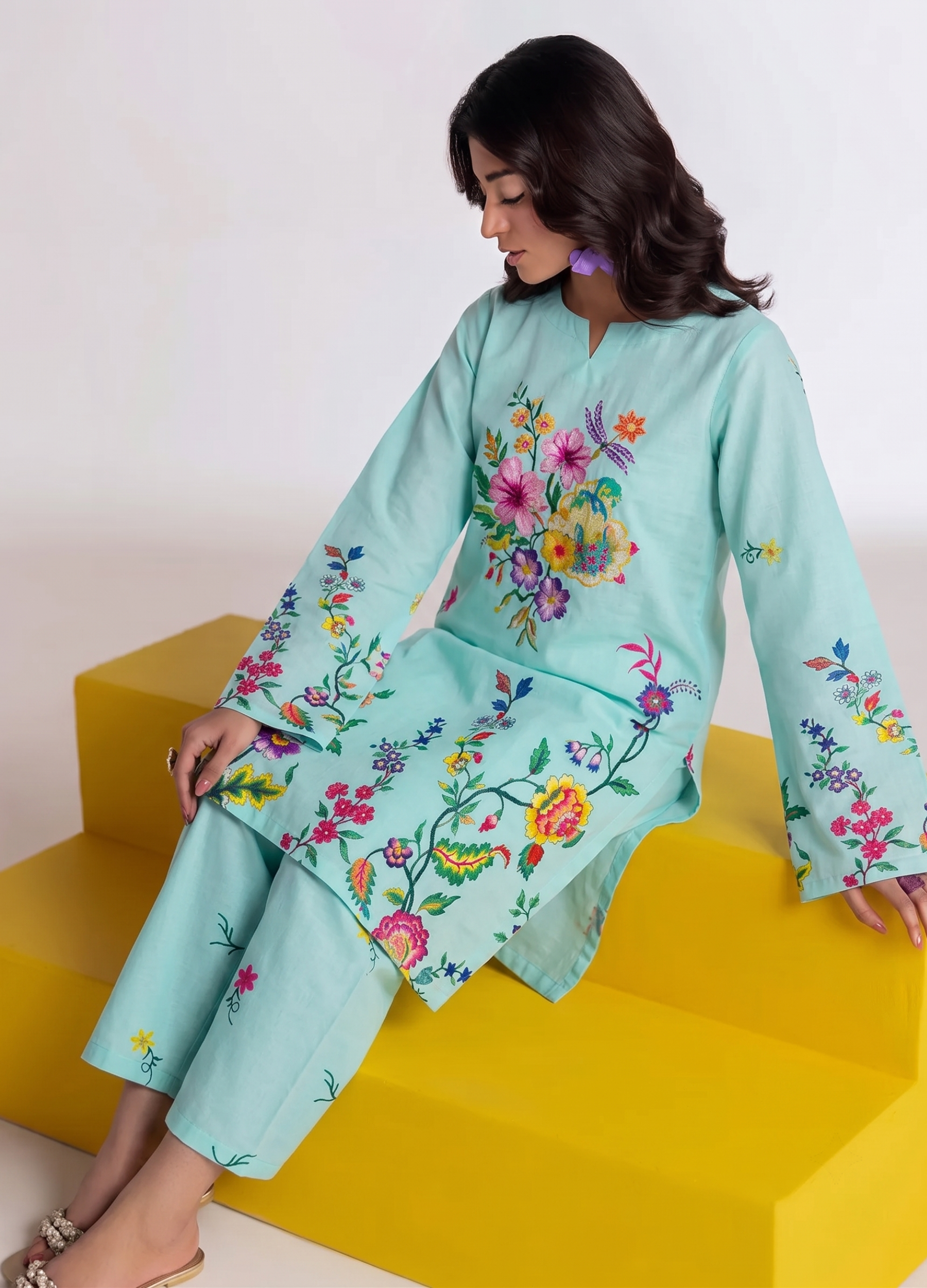 poly grip silk Kurta Set in Aquamarine