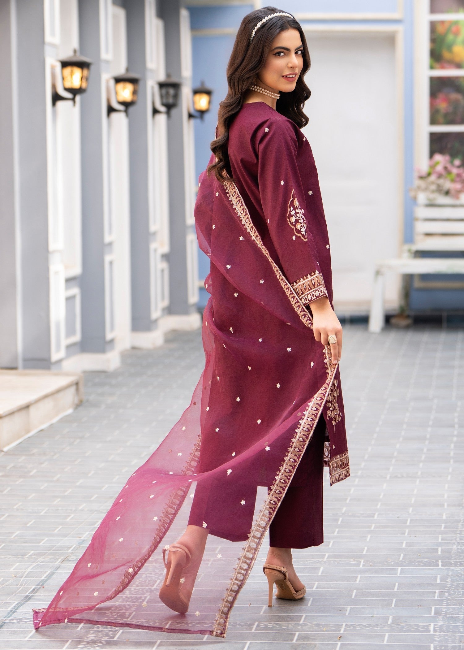 lawn cotton Kurta Set in Burgundy
