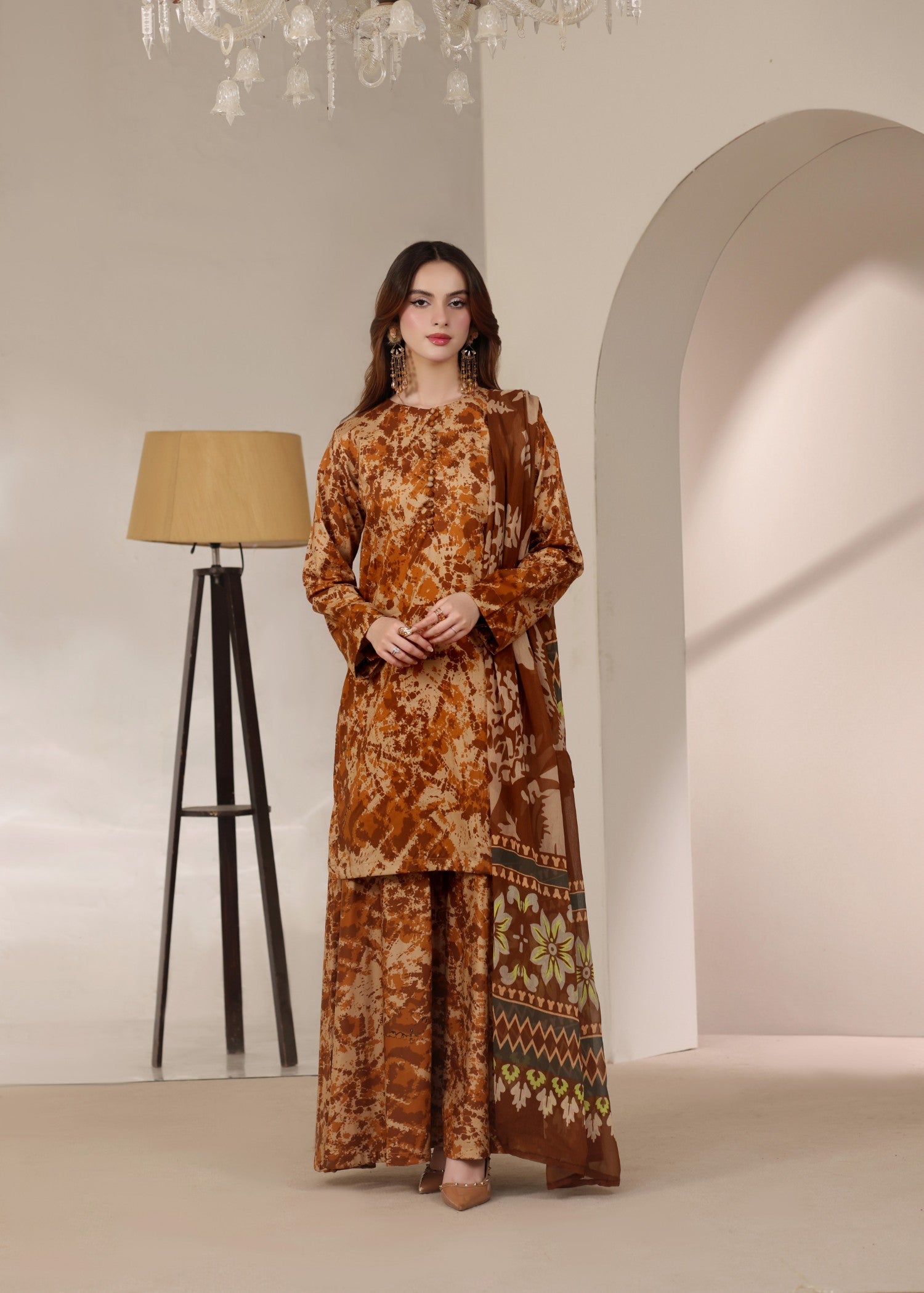 lawn Kurta Set in Hazelwood brown