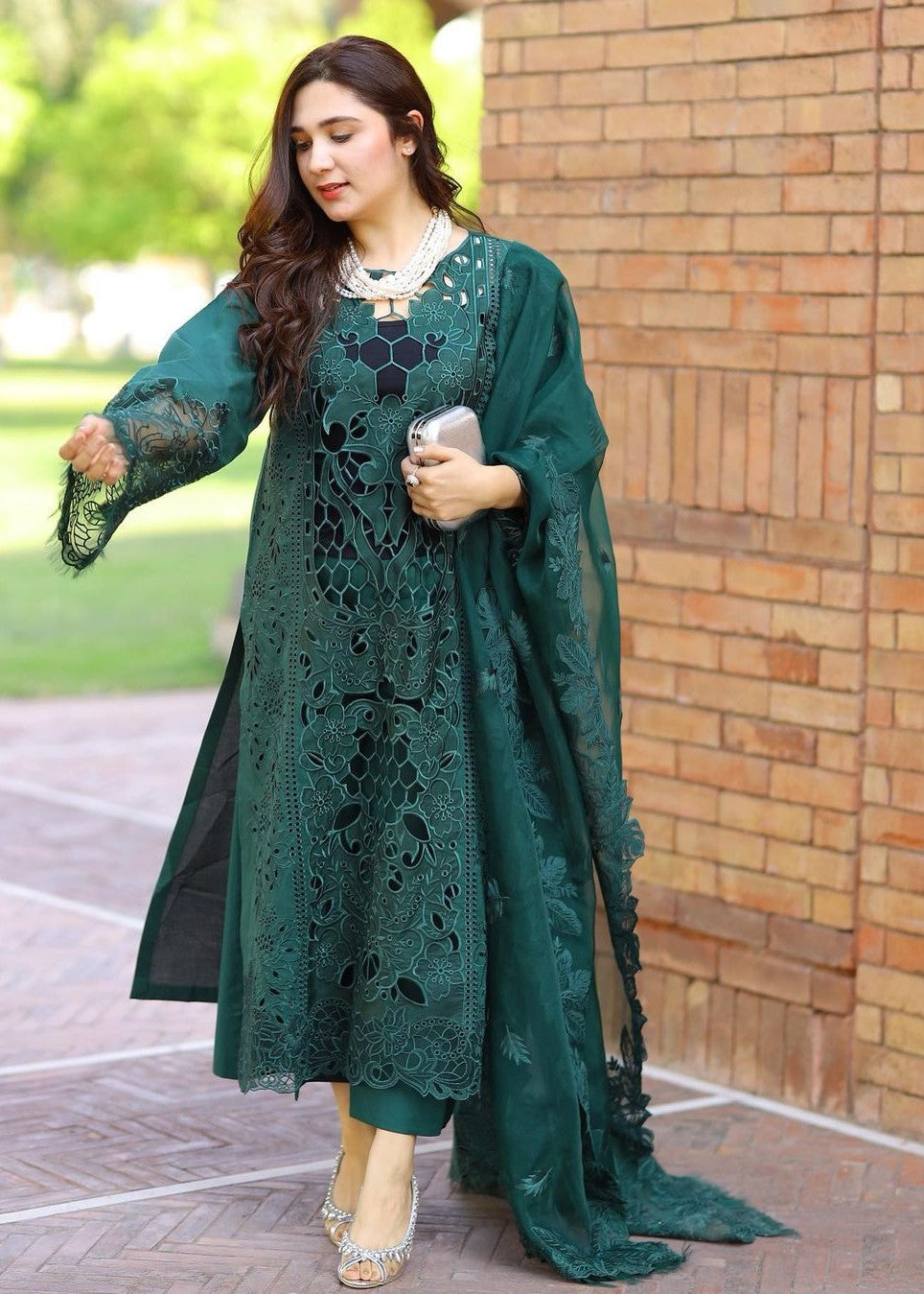 lawn Kurta Set in Bottle green