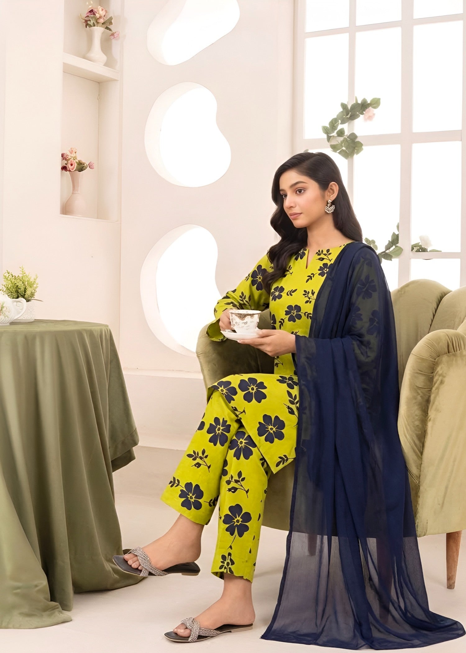 linen Kurta Set in Yellow green