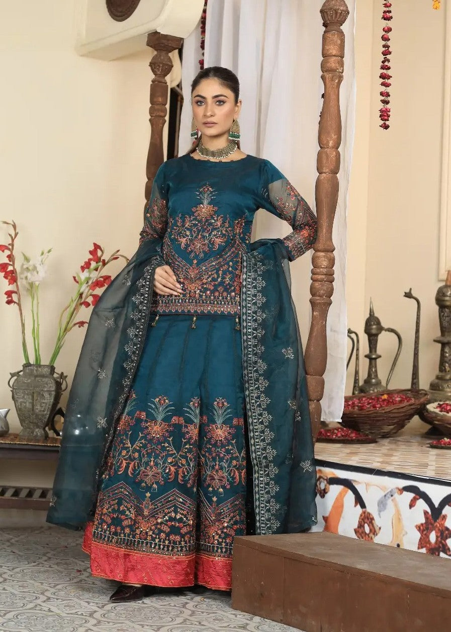 organza Lehenga in Teal