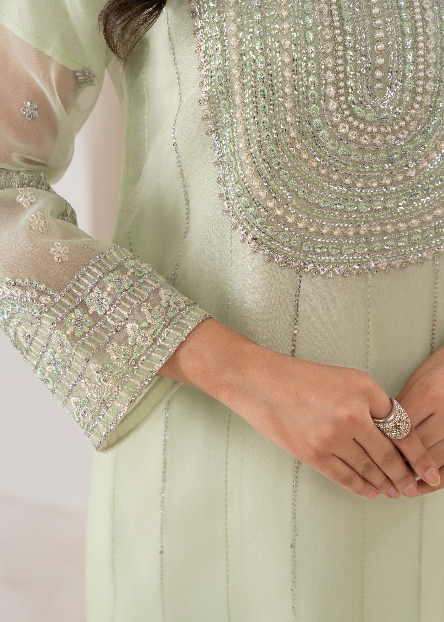 poly organza Kurta Set in Tea green