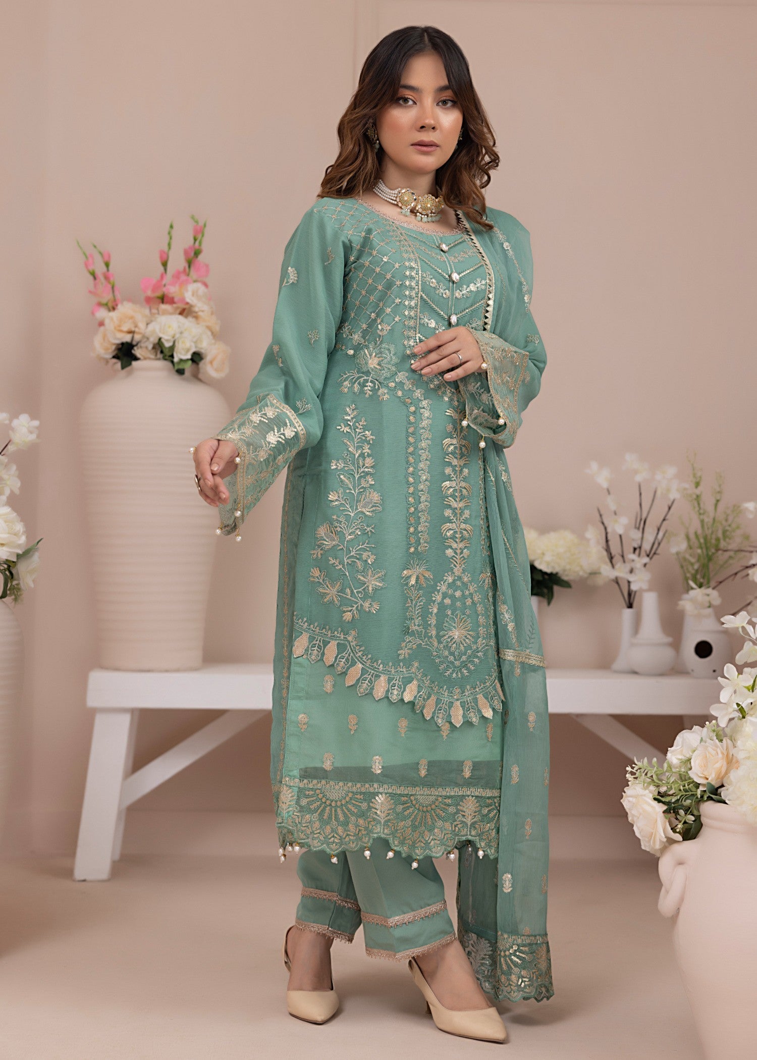 chiffon Kurta Set in Mint green