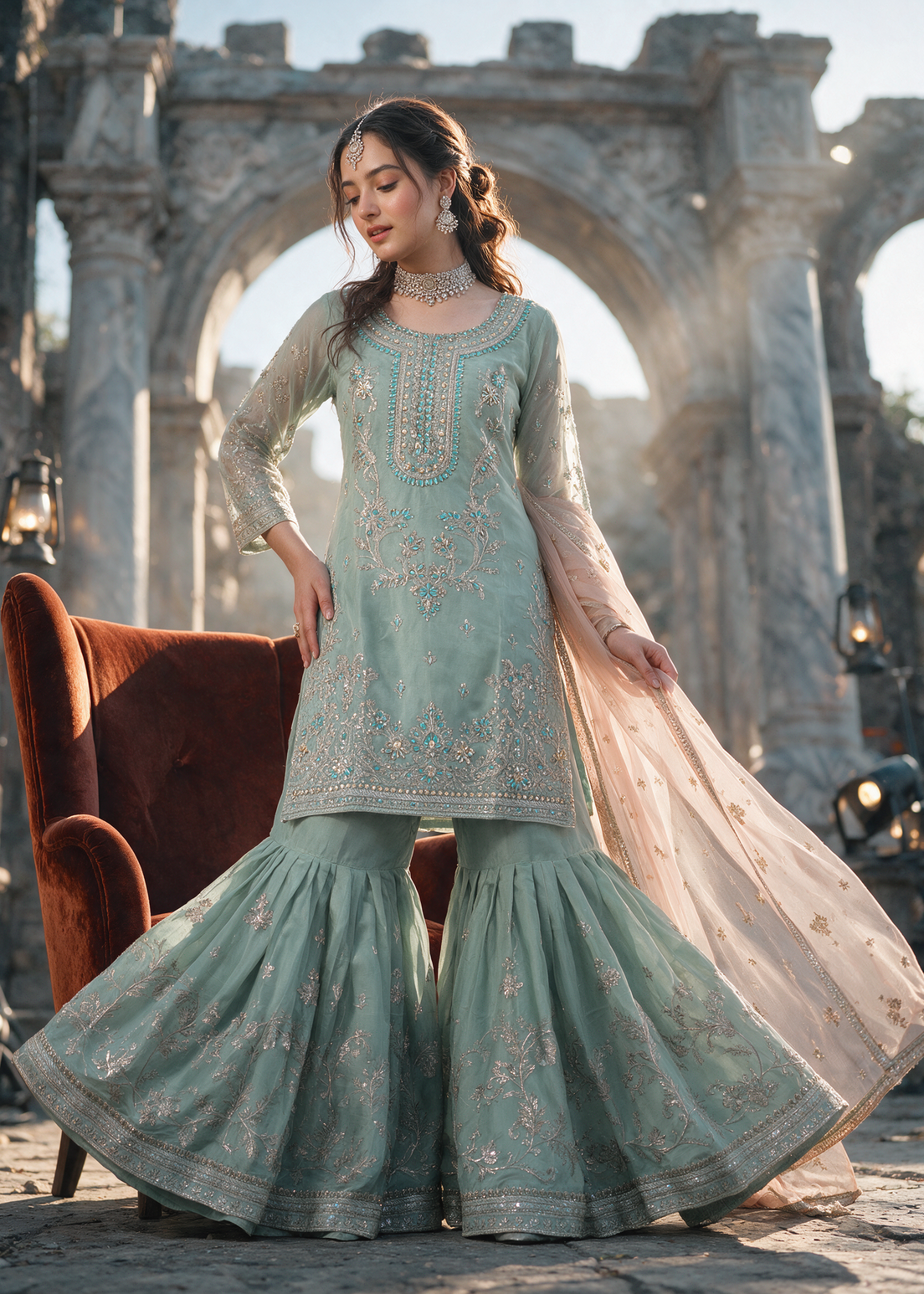 organza Gharara in Pastel green, peach pink