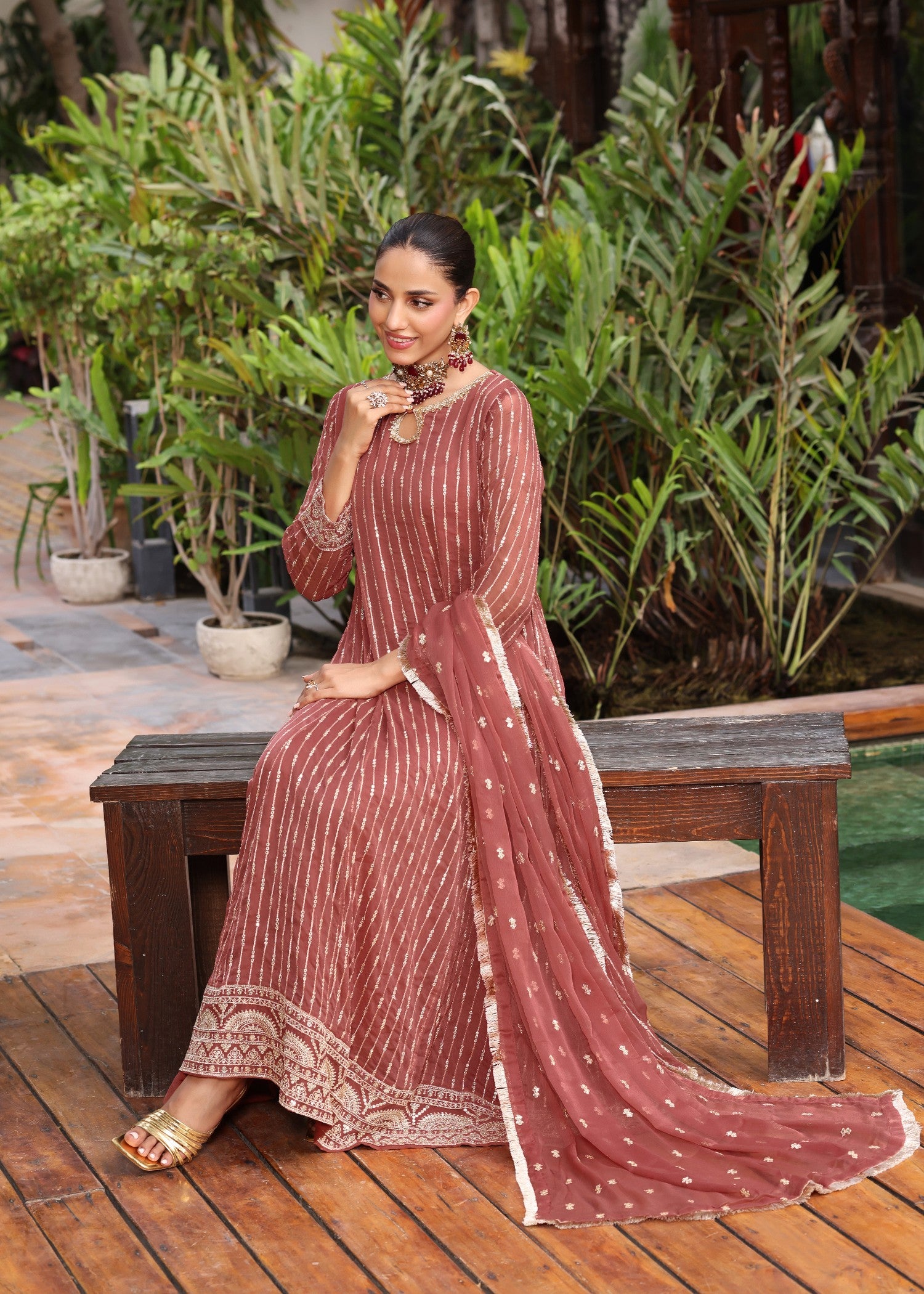 chiffon Pishwas in Melon pink
