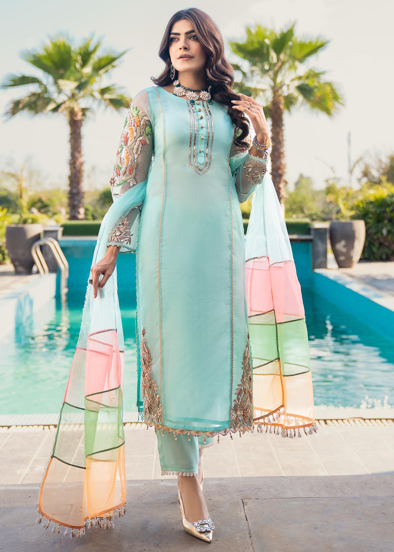 organza Kurta Set in Light cyan