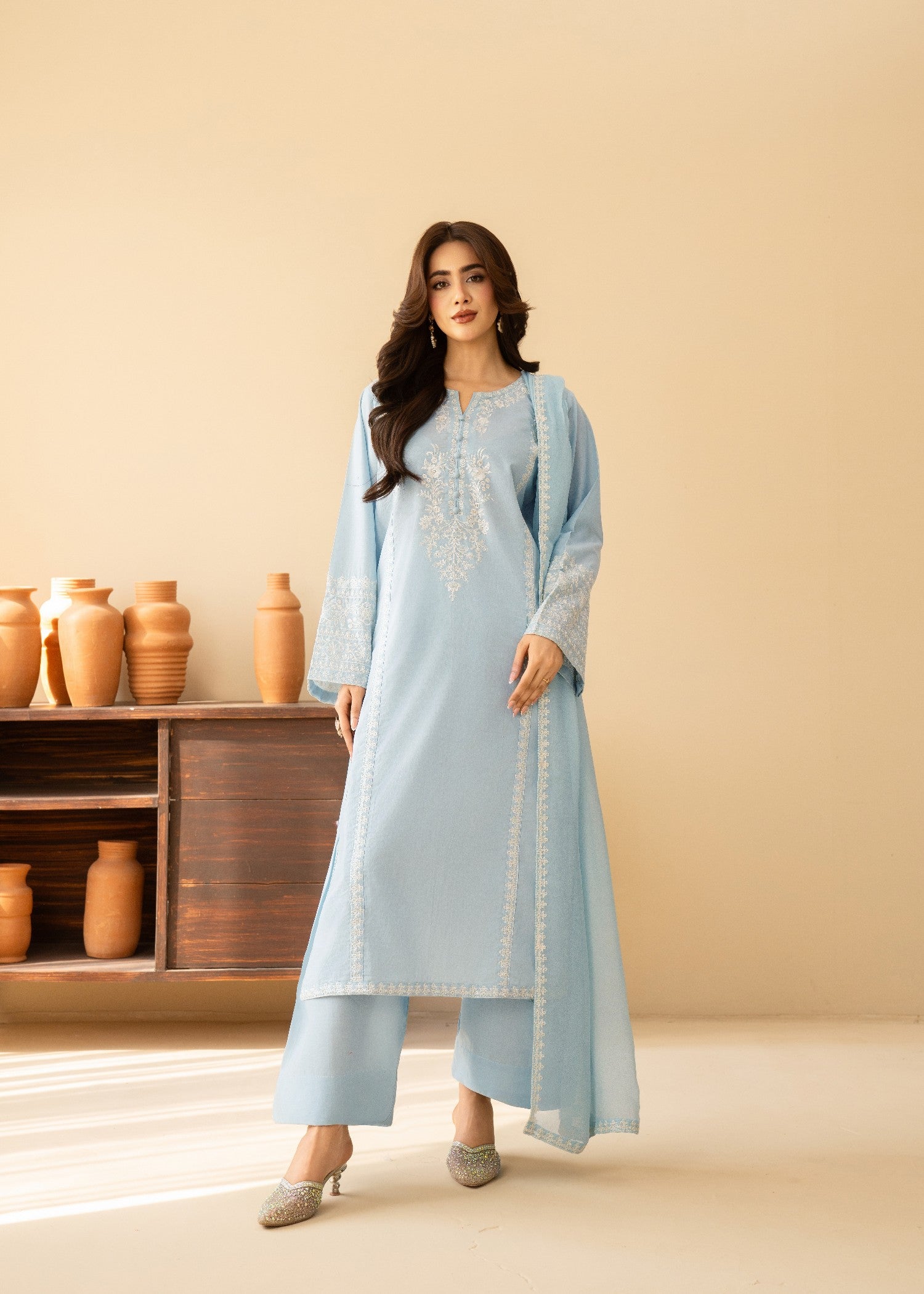 lawn cotton Kurta Set in Ice blue