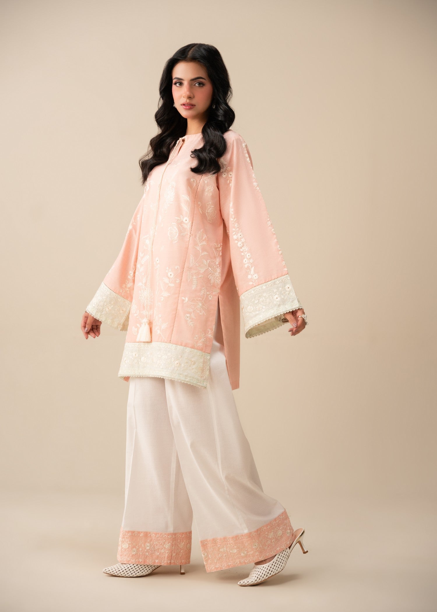 lawn Kurta Set in White, pistachio green, peach pink
