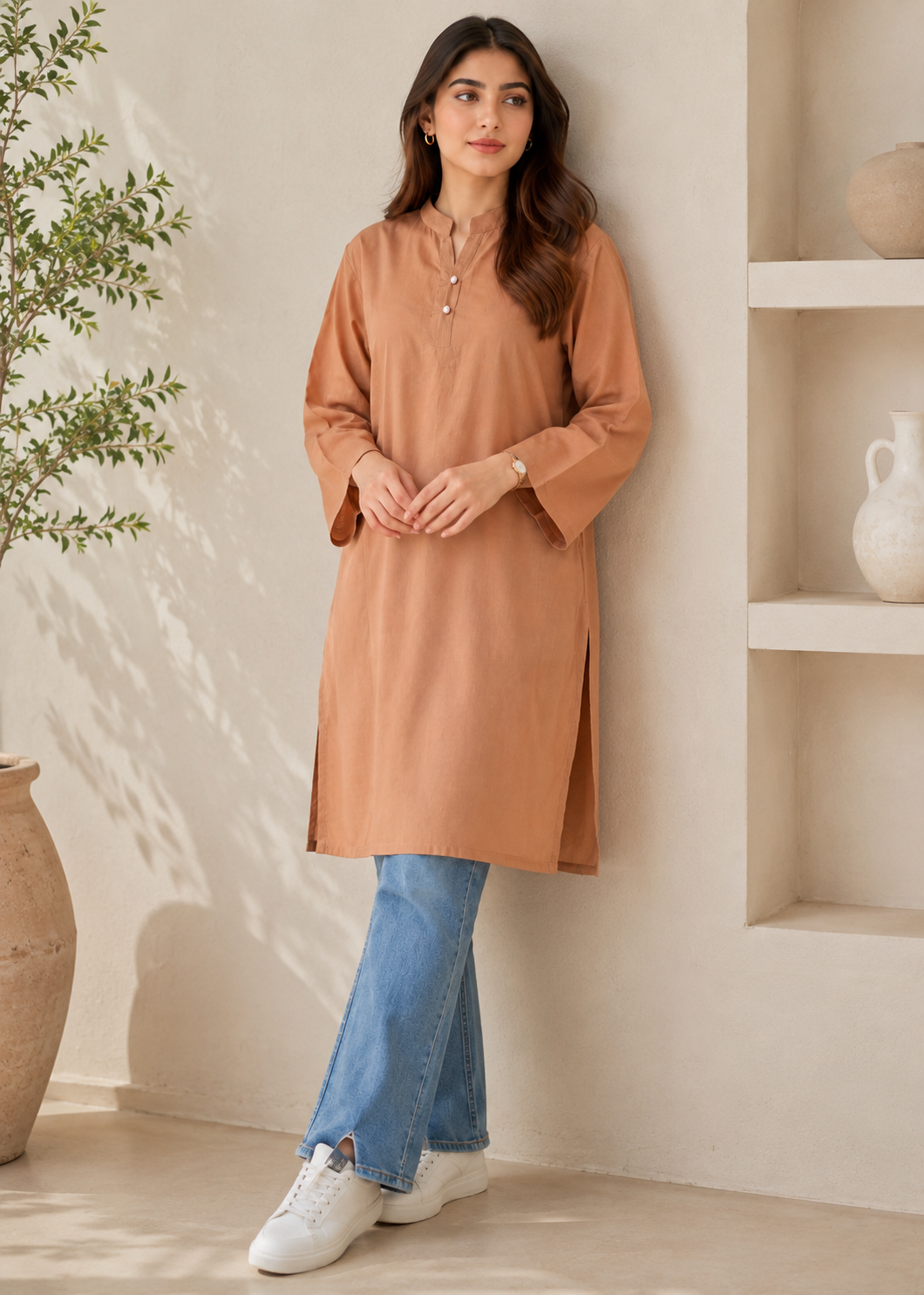 lawn Kurti in Camel brown