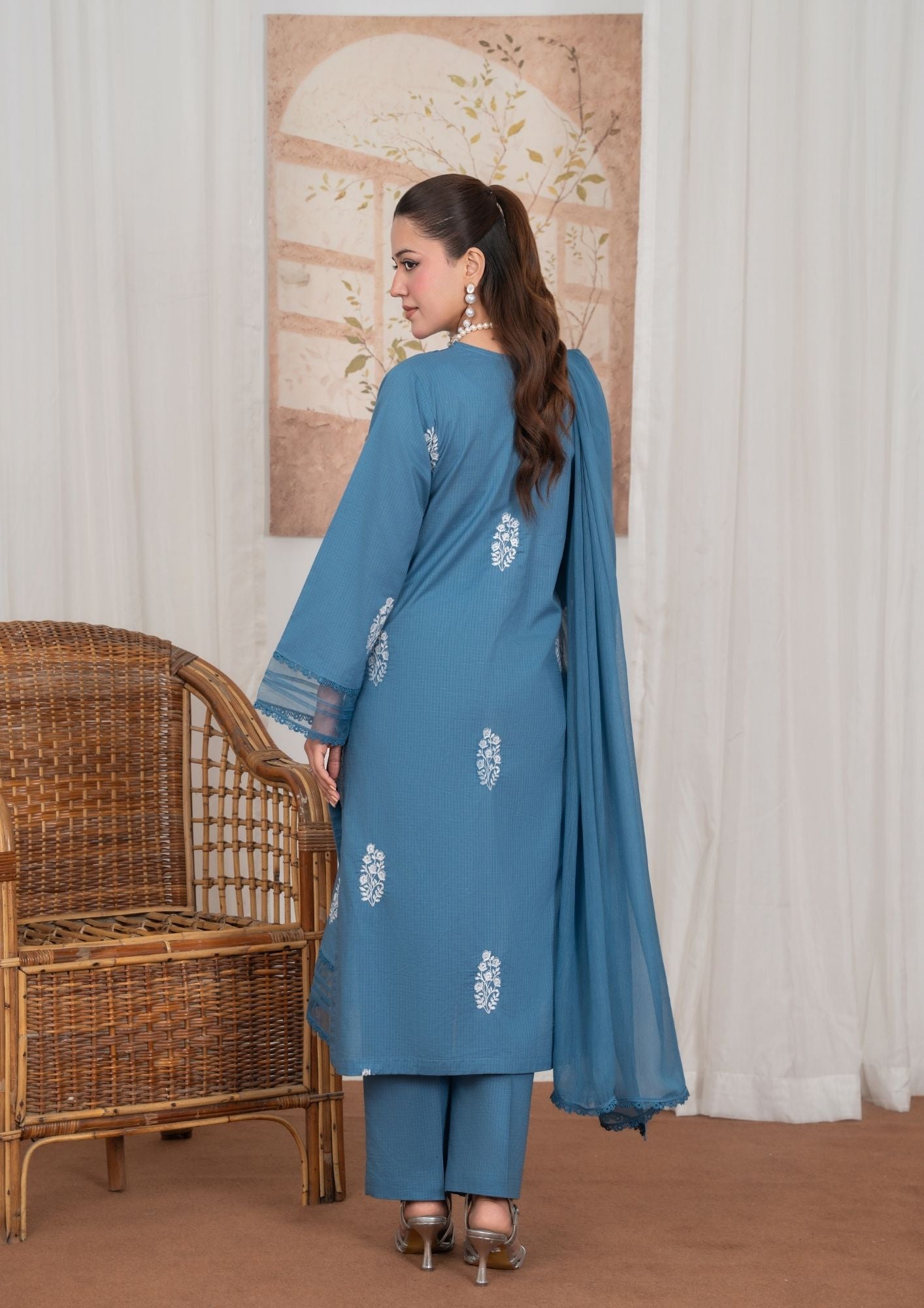 textured lawn Kurta Set in Pacific blue