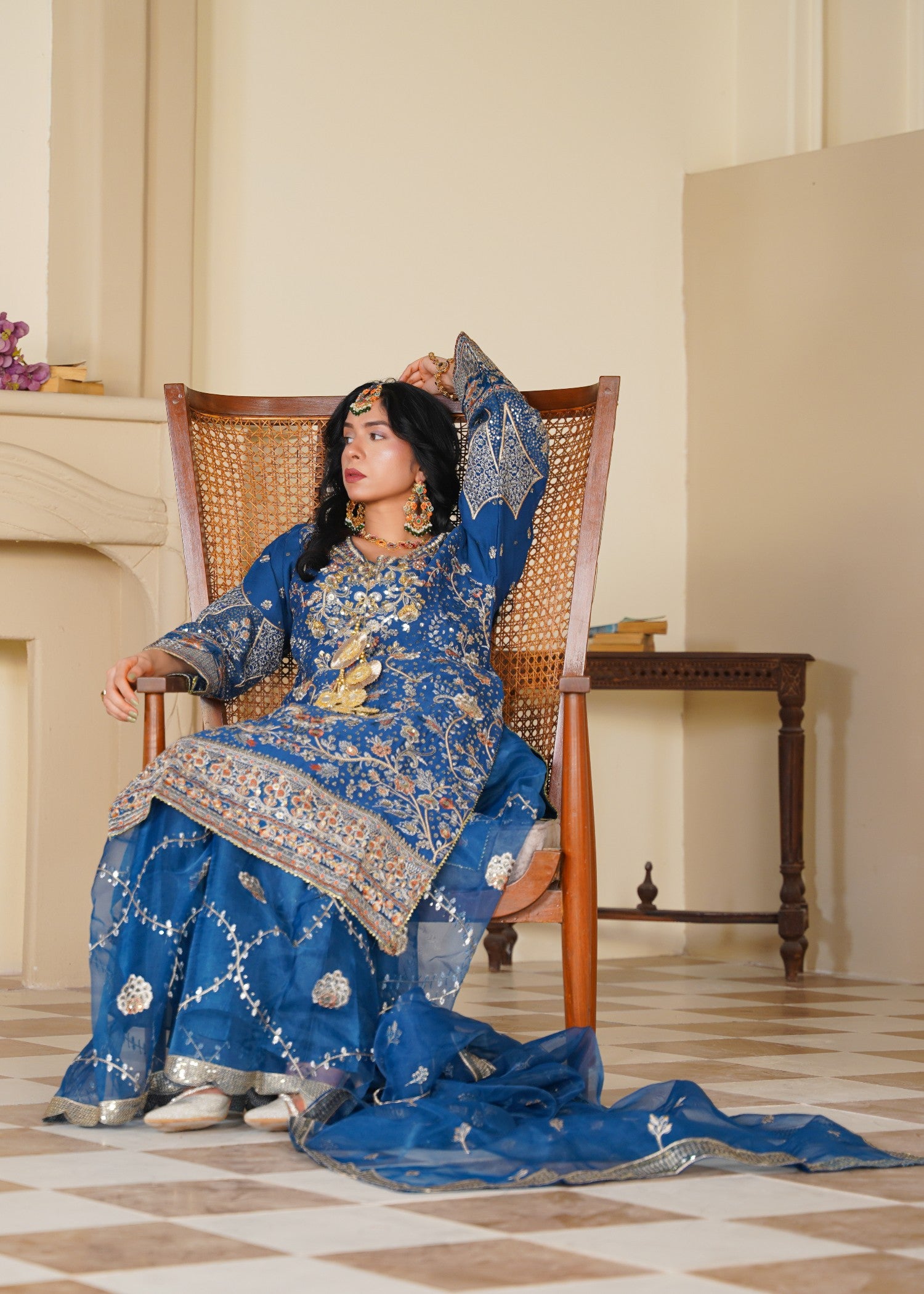 chiffon Sharara in Sapphire blue, gold