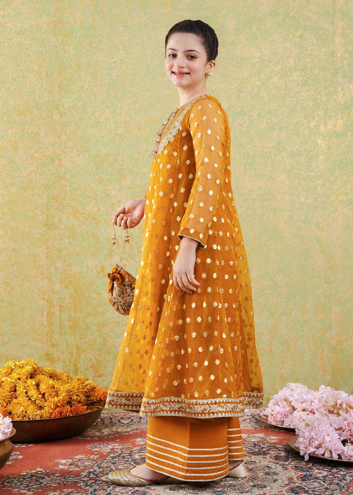 zari organza Pishwas in Mustard