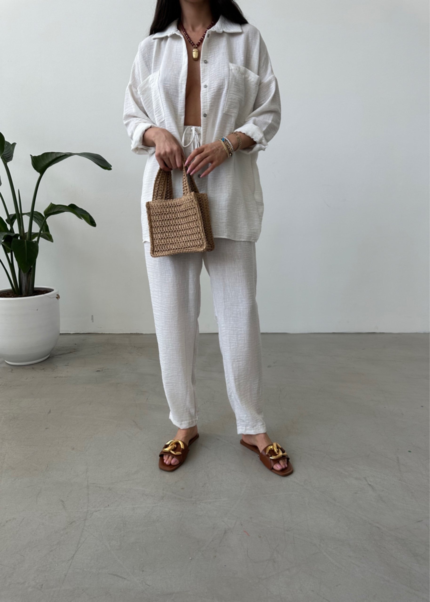 blended linen Co Ord Sets in Ghost white