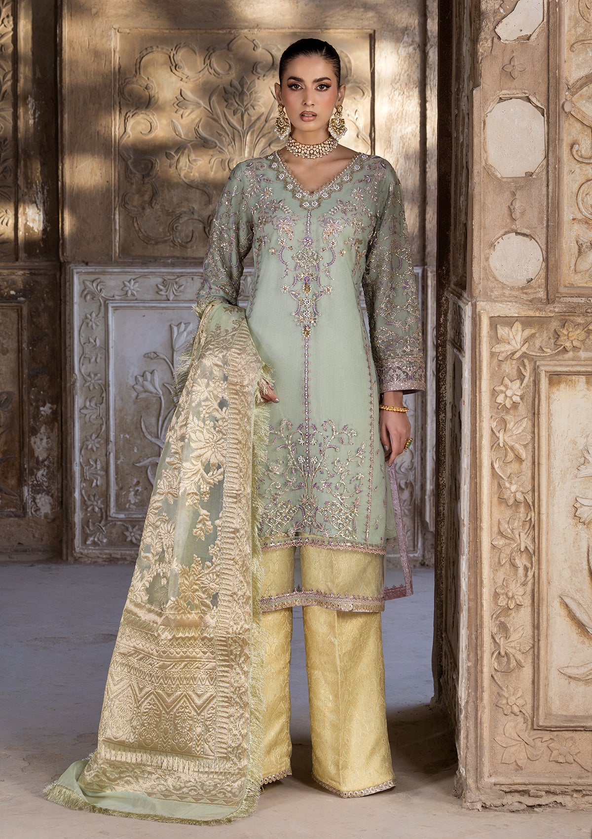 net Kurta Set in Moss green