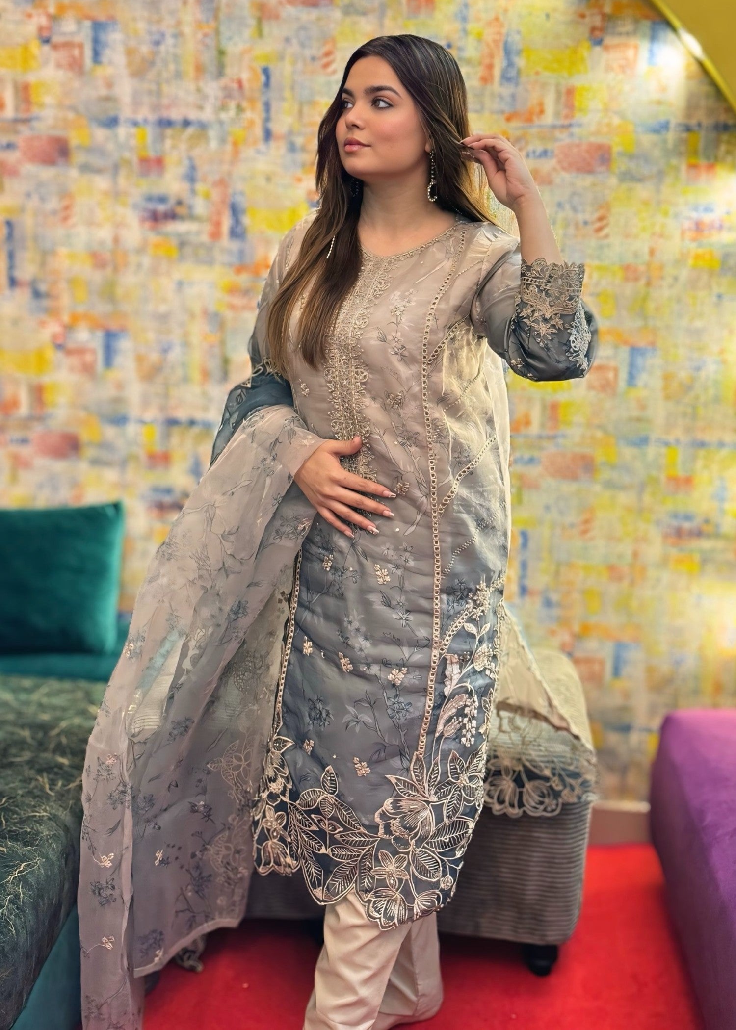 organza Kurta Set in Ash grey, grey