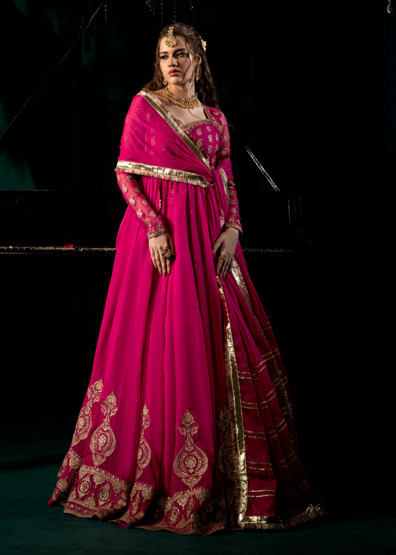 chiffon Pishwas in Shocking pink