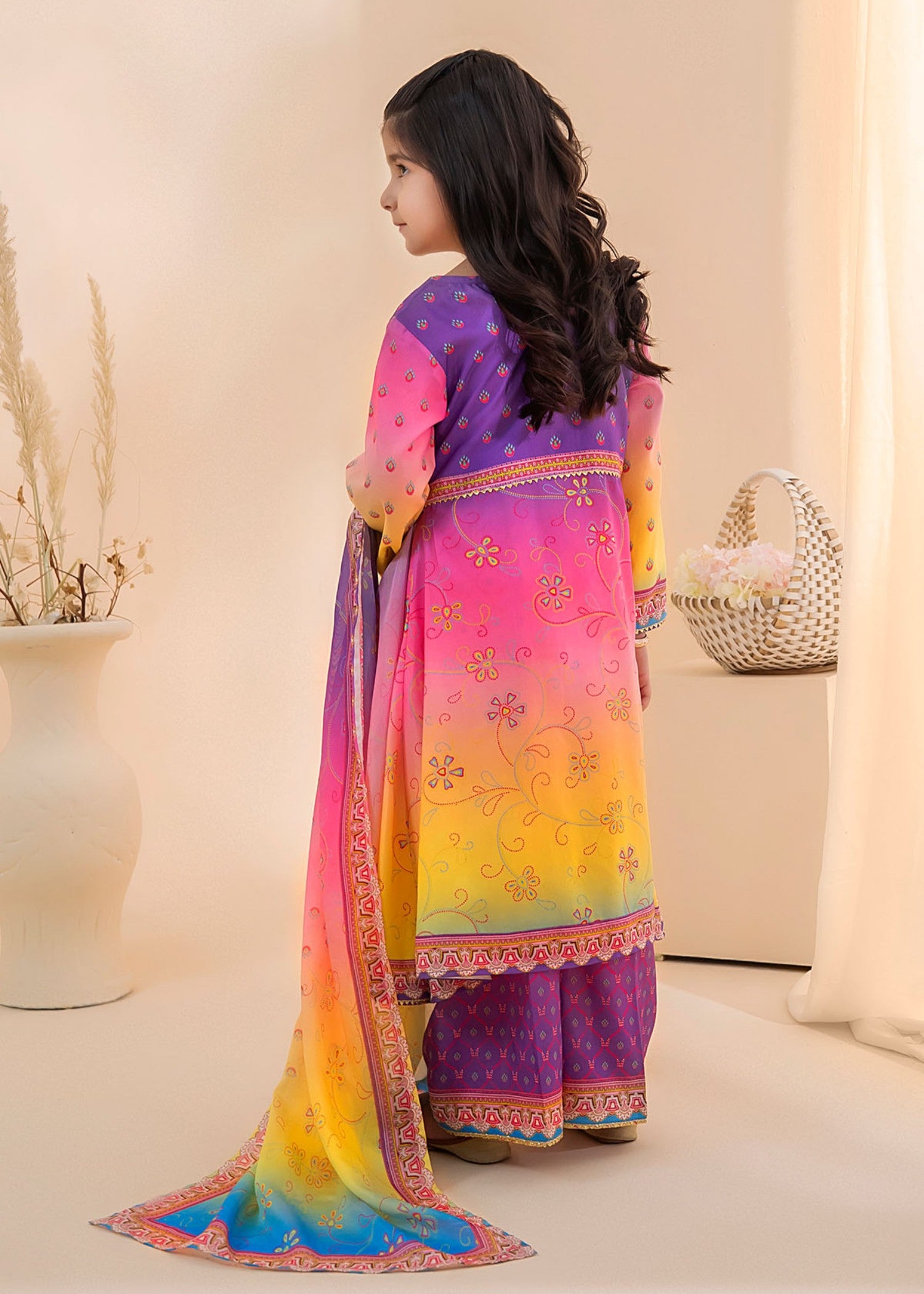 poly lawn Anarkali in Purple, lemon, hot pink red