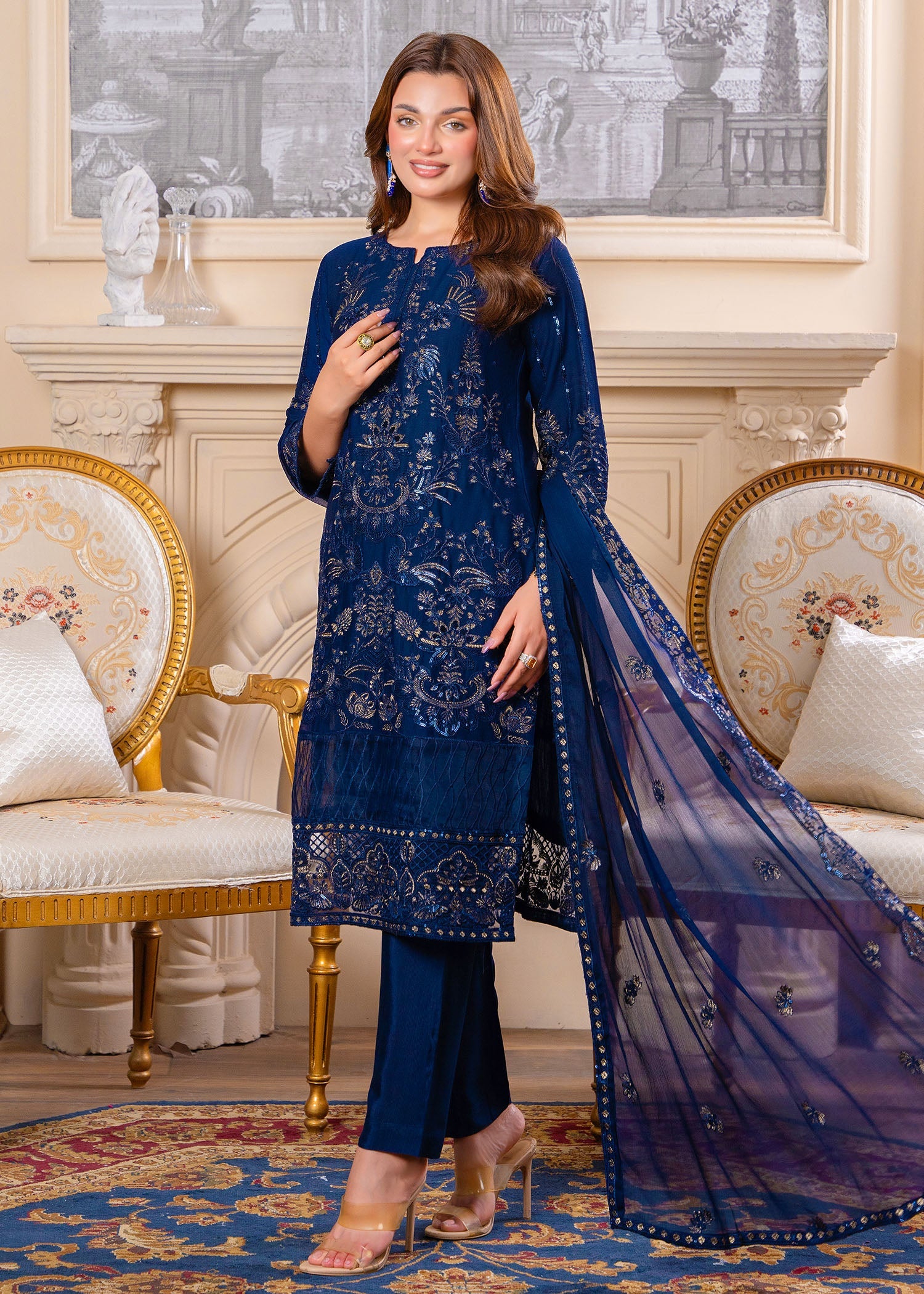 crinkle Kurta Set in Navy blue