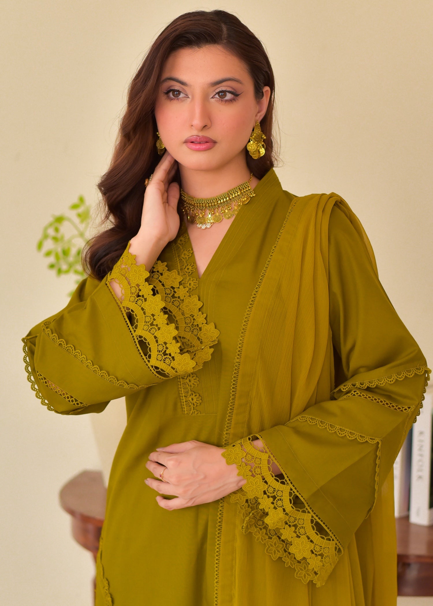 khaddar Kurta Set in Yellow green
