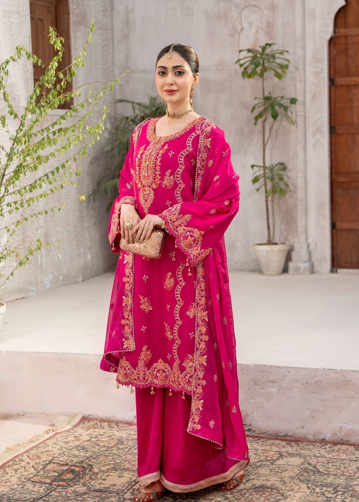 chiffon Kurta Set in Hot pink