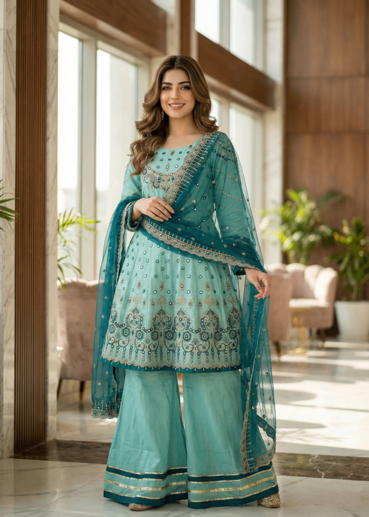 cotton net Short Frock in Parrot green