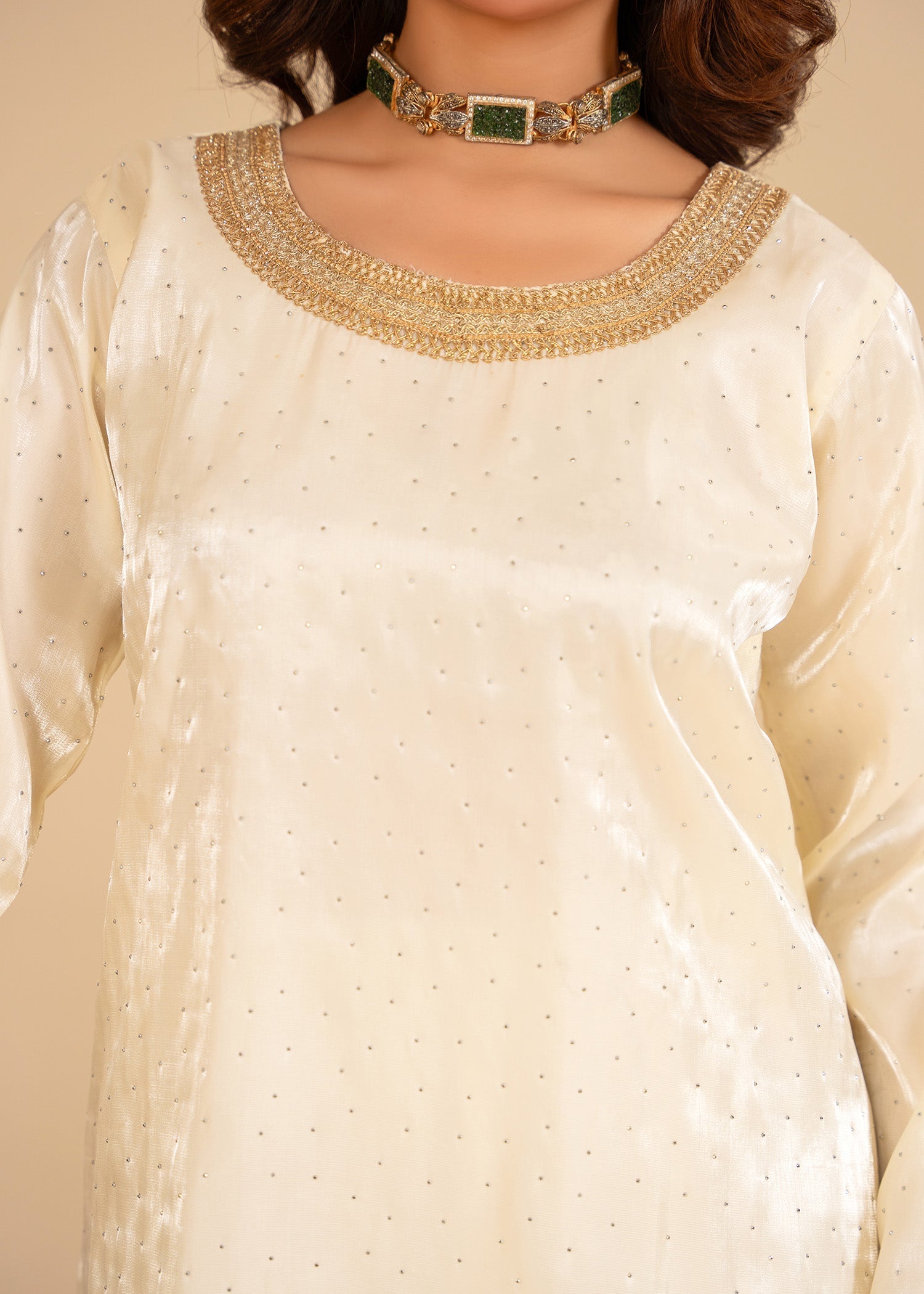zari organza Short Frock in Off-white