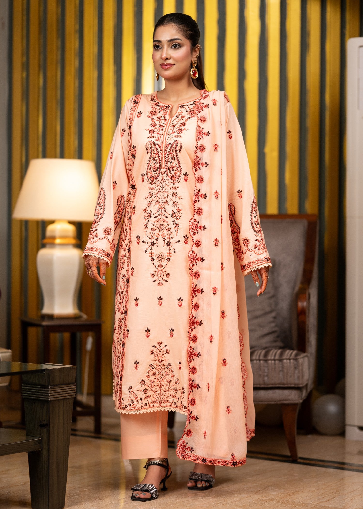 lawn Kurta Set in Peach orange