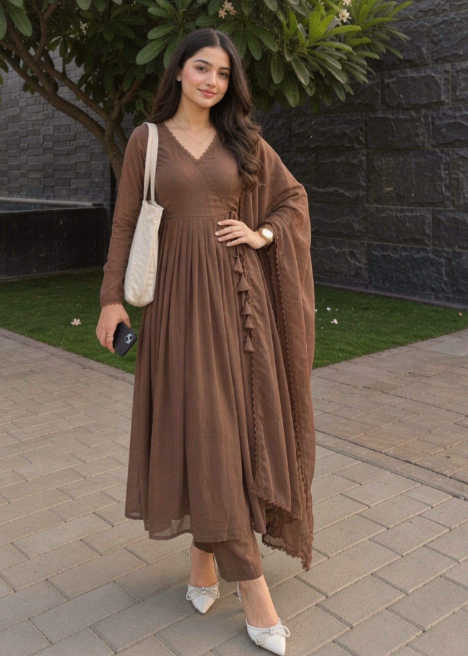 chiffon Angrakha in Mocha brown