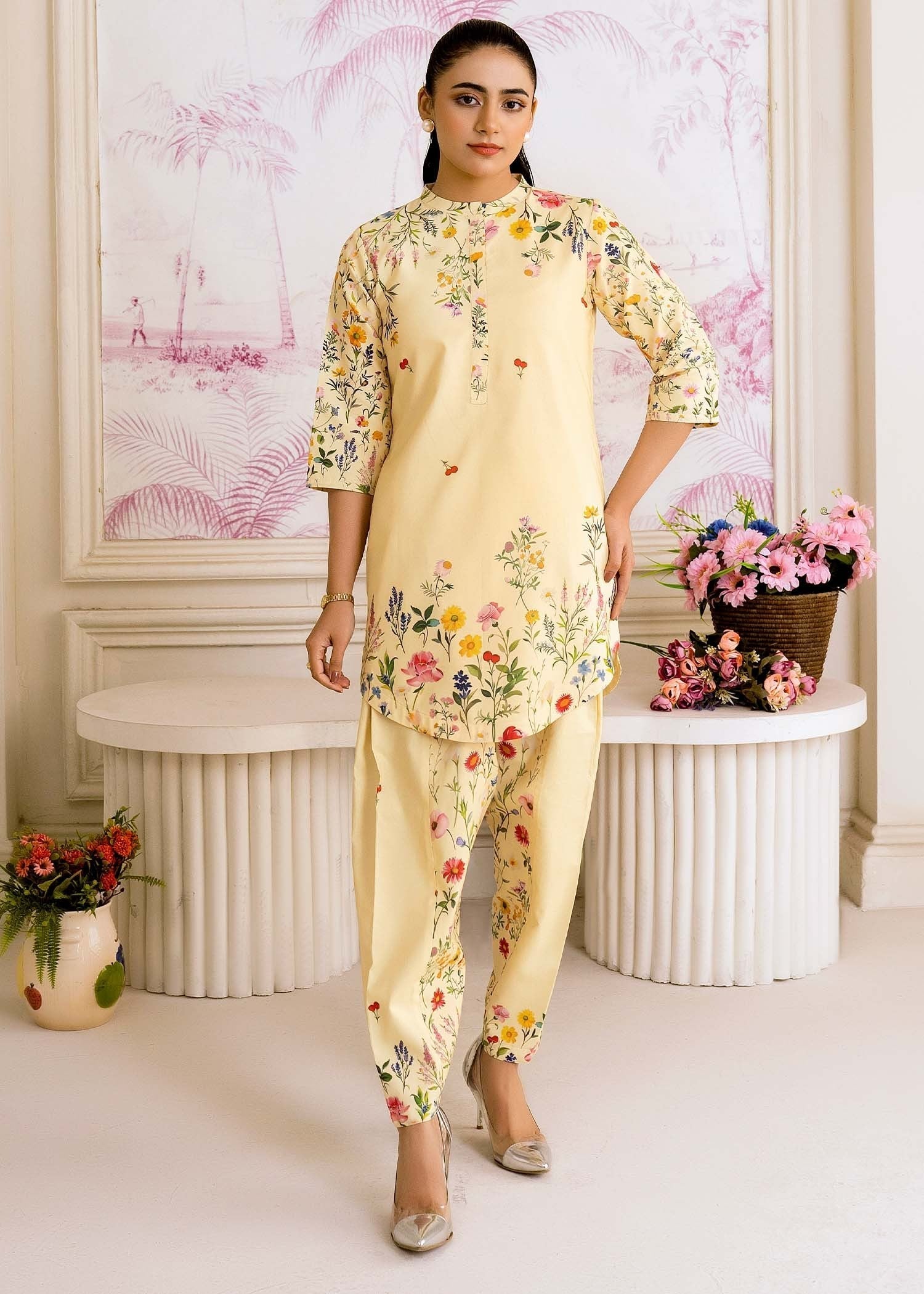 silk finish lawn Co Ord Sets in Lemon