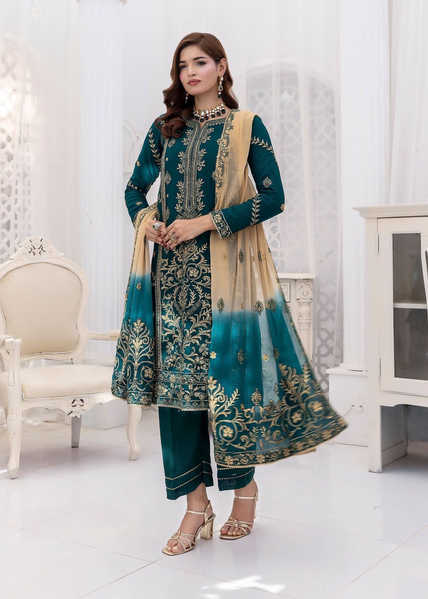 chiffon Kurta Set in Emerald green