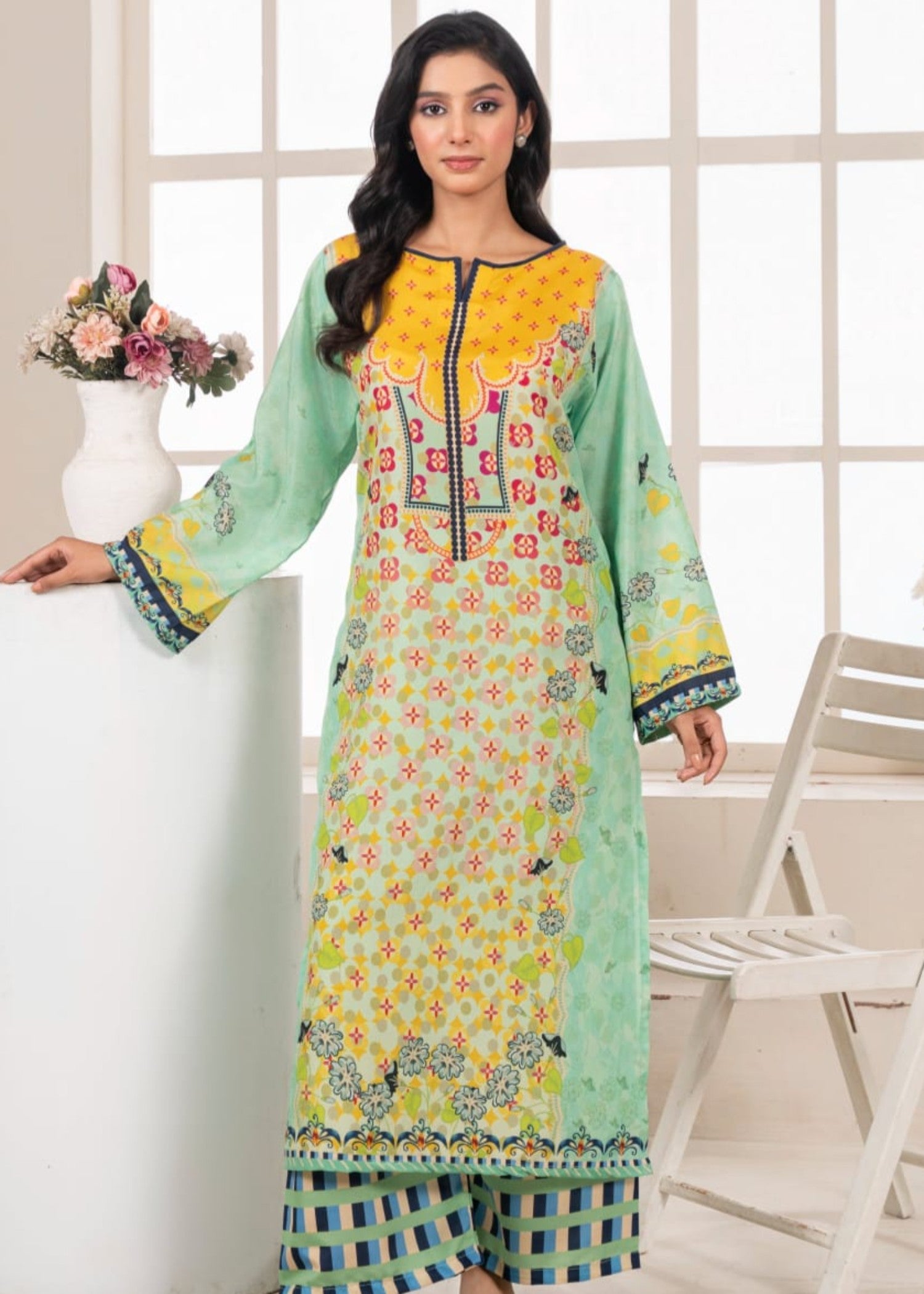 poly lawn Kurta Set in Pistachio green