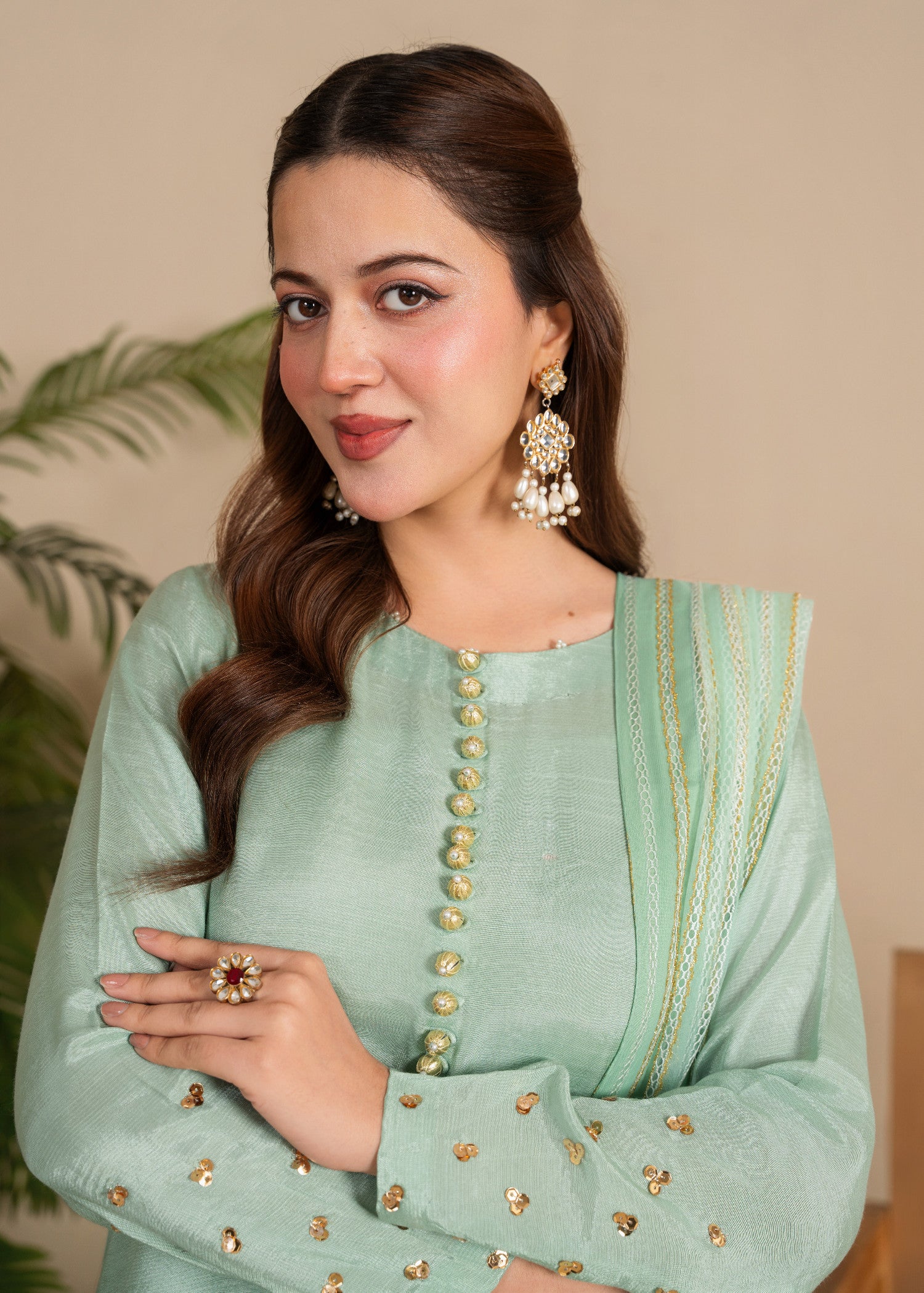 viscose raw silk Kurta Set in Moss green