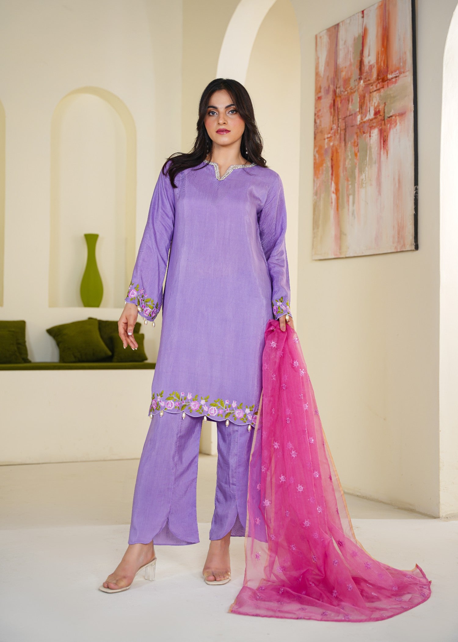 silk Kurta Set in Purple mountain majesty, purple pizzazz